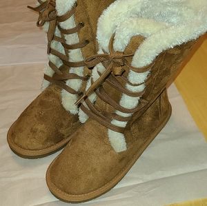 Faux suede, tan lace-up boots